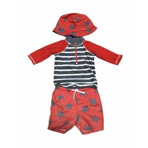 Mini Boden Red White Blue Stars Stripe Long Sleeve Rash Guard Bathing Suit Hat